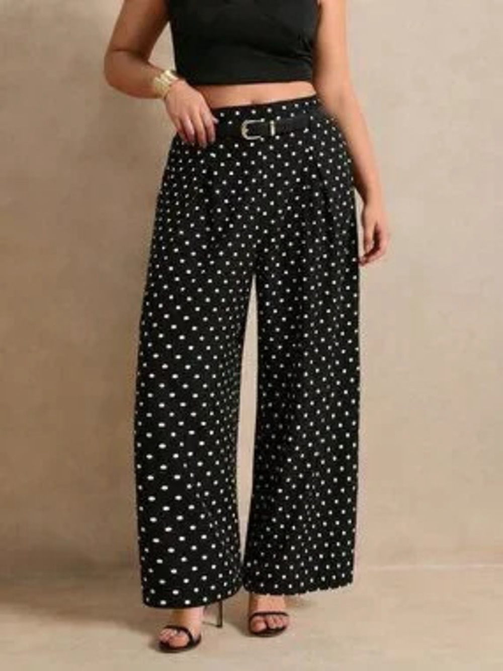 Black And White Elegant Women's Plus Size Polka Dot Wide Leg Pants